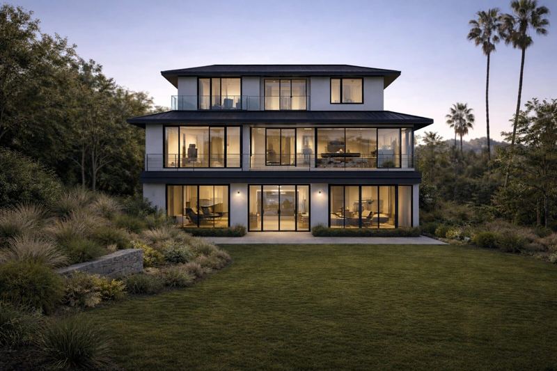 Rendering of a three-story modern home in design and construction, Pacific Palisades