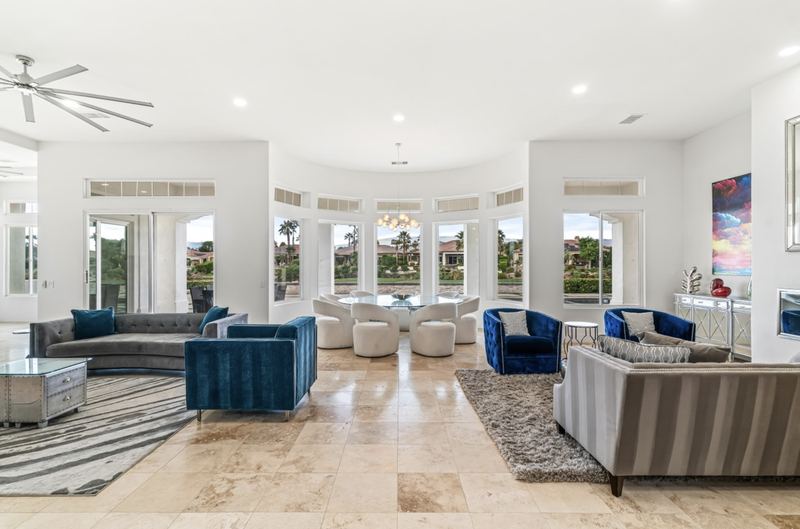 Great room with curved window wall