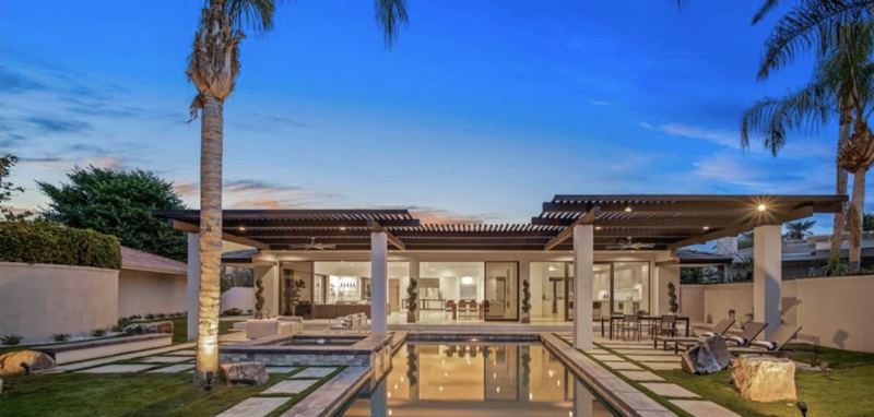 Pool and pergola at twilight